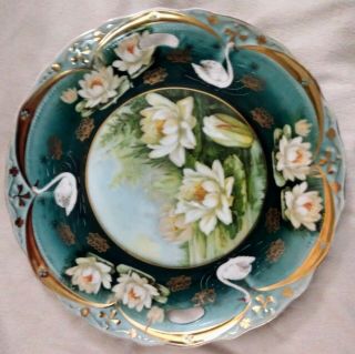 10 " Vintage Plate Green And White Water Lilies & Swans Hand Painted - Germany