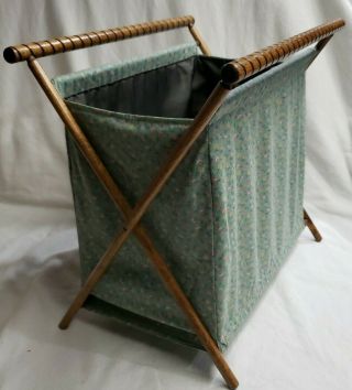 Vintage Knitting Sewing Yarn Cloth Bag Folding Wood Frame Blue Floral 621
