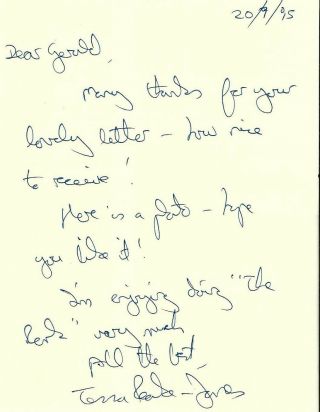 Tessa Peake - Jones (grantchester).  1995 Hand Written Autographed Letter.