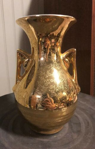 Vintage Ceramic Mcm Iridescent Floral Vase Gold & Pearl China Co 22 Kt Gold