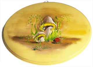 Vintage Painted Mid Century Mushrooms On Wooden Plaque