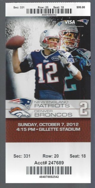 Peyton Manning Vs Tom Brady - 2012 Nfl Broncos @ Patriots Full Football Ticket