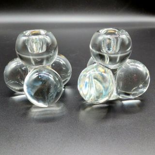 Pair/2 Vtg/mid - Century/mcm Clear Glass Stacked Spheres/ball Taper Candle Holders