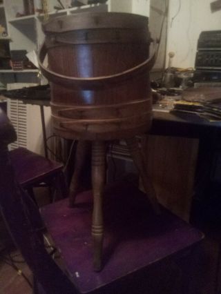 Vintage Mid Century Wood Firkin Bucket Sewing Basket Box 3 Legs Tripodpre - Owned