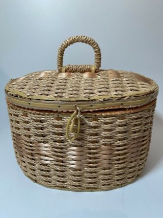 Vintage Oval Dritz Wicker Sewing Basket With Tray & Contents