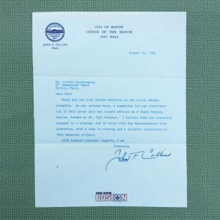 1965 Tls,  A Typed Letter Hand Signed By John F.  Collins,  Mayor,  Boston,  Mass.