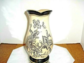Vintage Black & Cream Ceramic Floral Vase