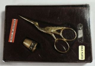 Vtg Nib Nos Gold Plated Crane Sewing Scissors Thimble Set Tilli Anger Austria