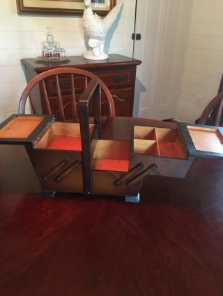 Vintage Accordion Style 2 Tier Wood Expandable Sewing Box And