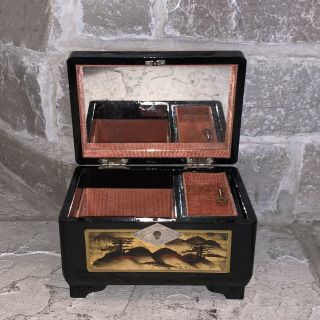 Vintage Fuji Black Lacquer Japanese Asian Music Jewelry Box,  Skeleton Key