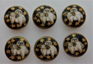 Vtg Antique Set 6 Satsuma Porcelain Ceramic Buttons Zodiac Aries Ram Gold Stars