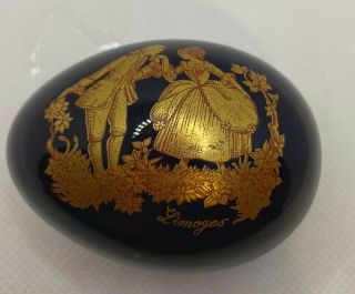 Vintage Limoges Castel Navy Blue Egg Shaped Trinket Box Victorian 22k Gold Trim