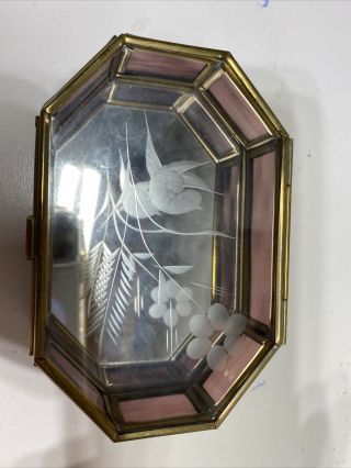 Vintage Glass And Brass Jewelry Casket Etched Glass Bird Flowers 4 3/4” X 1 1/2” 2