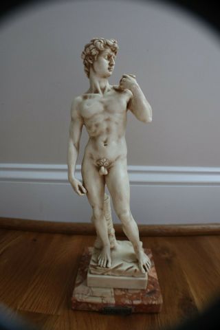 Vintage Cast Alabaster Statue Of David Nude On Marble Base Italy Roma 12 1/2 " T