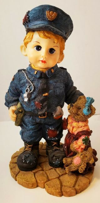 Vintage Police Officer Boy Statue Polystone Figurine With Teddy Bears 9.  75 " Tall