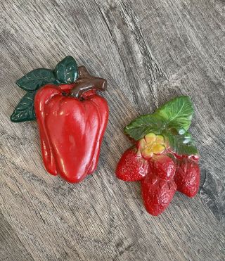 Vintage Strawberry And Pepper 2pc Chalkware Wall Art Plaques Euc Kitsch