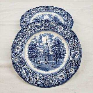 Five 5 Staffordshire Ironstone Liberty Blue 10” Dinner Plates Independence Hall