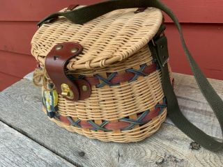 Vintage Woven Fishing Creel Basket With Straps,  Primitive Decor