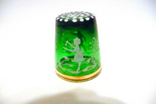 Thimble Green Glass Mary Gregory Boy & Girl In Forest W/hand Applied White Dots
