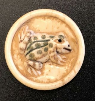 Cute Vintage Carved Frog On Bovine Bone Button,  Hand Painted Accents,  1 3/16 "