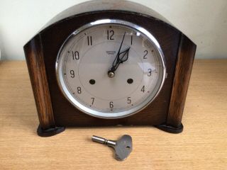 Antique Smiths Enfield Wooden Chiming Mantle Clock With Key 1950’s