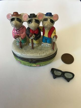 Vintage Small Hinged Trinket Box Three Blind Mice With Glasses