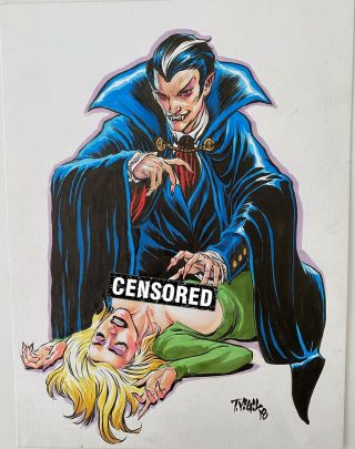Dracula & Female Victim Drawing Comic Art By Tim Vigil 9x12 2018