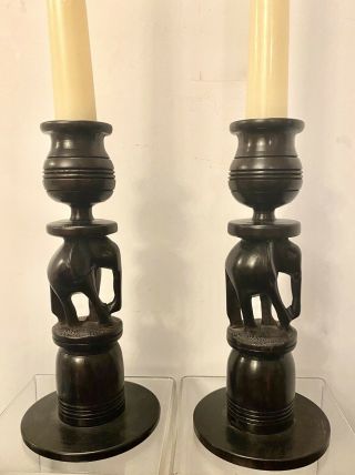 African Decor Elephant Taper Candle Holder Hand Carved Dark Wood (2)
