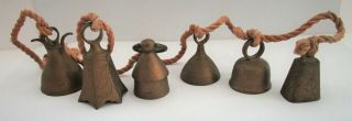 6 Wind Chime Brass Bells On A Rope,  Sarna India,  2 " - 3 " Tall
