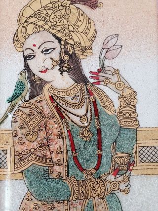 Decorative Wood Brass Trinket Box Reverse Glass Painting India Woman