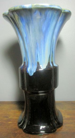 Large Black Ceramic Flower Vase With Blue Drip Glaze 12 1/2 " Tall
