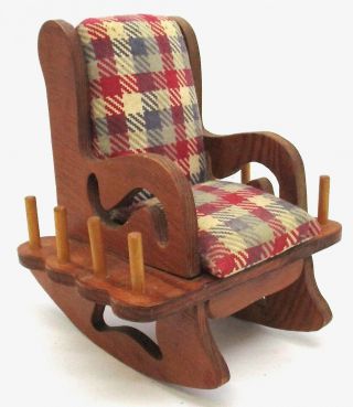 Vintage Hand Made Rocking Chair Pin Cushion Scissor & Thread Holder Plaid Fabric