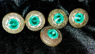 Set Of 5 Vintage Gold Tone Button Covers Jewel Emerald Green Colored Stones