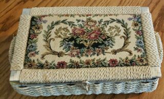Azar Woven Wicker Sewing Basket Box W/ Floral Tapestry Padded Fabric Top - Vtg