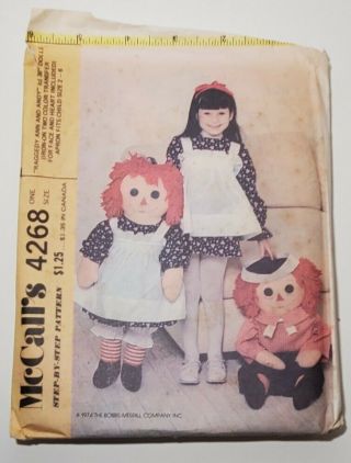 Raggedy Ann & Andy Dolls Pattern Mccalls 4268 Factory Fold 1970s Uncut Transfers