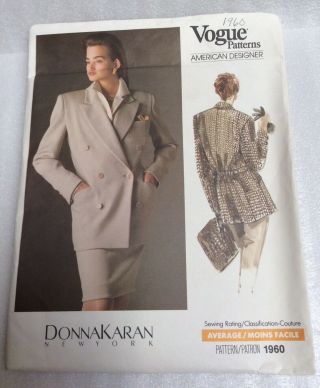Vogue Sewing Pattern American Designer Donna Karan 1960 Jacket Sz 12 - 16 Uncut Ff