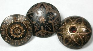 3 Antique Brass Buttons Various Japanned Patterns 5/8 To 3/4 " 1890s