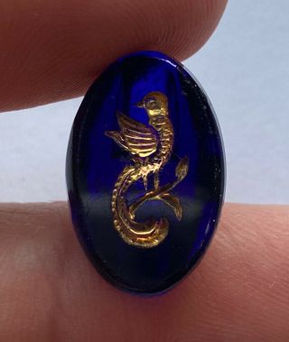 Antique Vintage Victorian Cobalt Blue Glass Picture Button Gold Luster Bird 3/4”