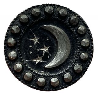 Antique Vintage Pewter Metal Picture Button Crescent Moon & Stars 3/4”