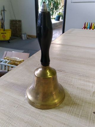 Antique Vintage Brass Hand Bell School Ringer Wooden Handle Loud 7 X 3 1/4