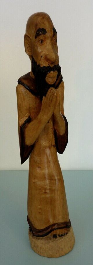 Hand Crafted Wood Carved Praying Black Monk Man Statue Figurine Primitive 18.  5 "