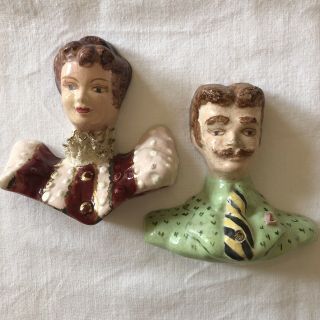 Antique Victorian Man Woman Glazed Chalkware Wall Plaque Figurines Hand Painted