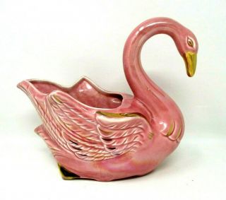 Mcm Pink And Gold Swan Planter Bowl Dish Ceramic 8in Tall Mid Century