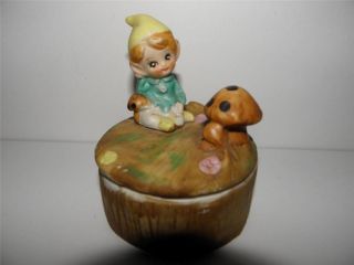 Vintage Homco 5404 Pixie Elf Garden Gnome W/ Mushroom Figurine Trinket Box