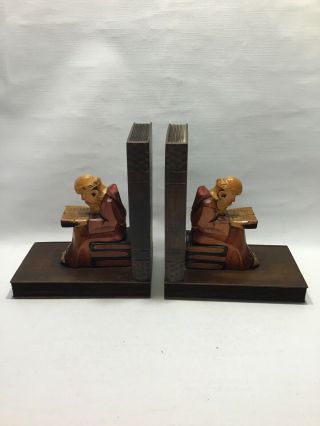 Vtg Wood Hand Carved German Monks Bookends Gorgeous Patina 7.  25 " Tall