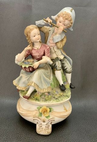 Vintage Candrea Hand Painted Ceramic Porcelain Figurine Boy Girl Flute 6797
