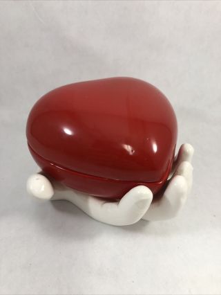 Red Heart In Hand Vintage Porcelain Trinket Box Candy Dish Mann Valentine 