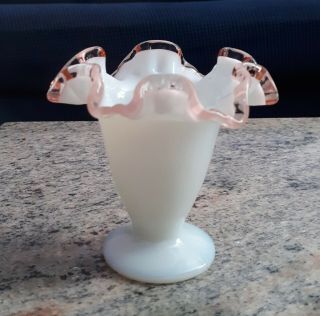 Vintage Fenton Milk Glass Pink Crest Ruffled Edge Vase