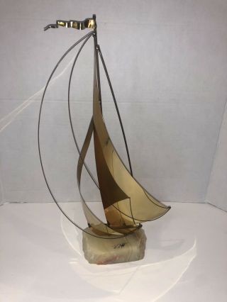 John Demott Vintage Signed Brass Sailboat Sculpture Nautical Stone Base 15.  5 "