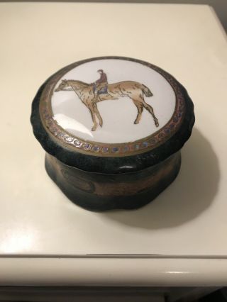 Vintage Porcelain Horse Riding Trinket Box 2”t 4.  25”w Hand Painted Japan